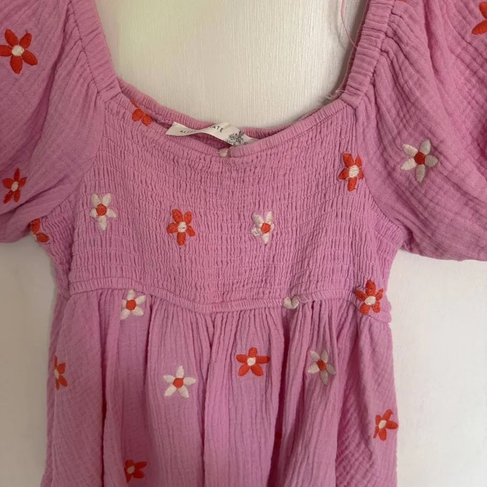 Altar'd State Pink Puff Sleeve Top with Floral Embroidery